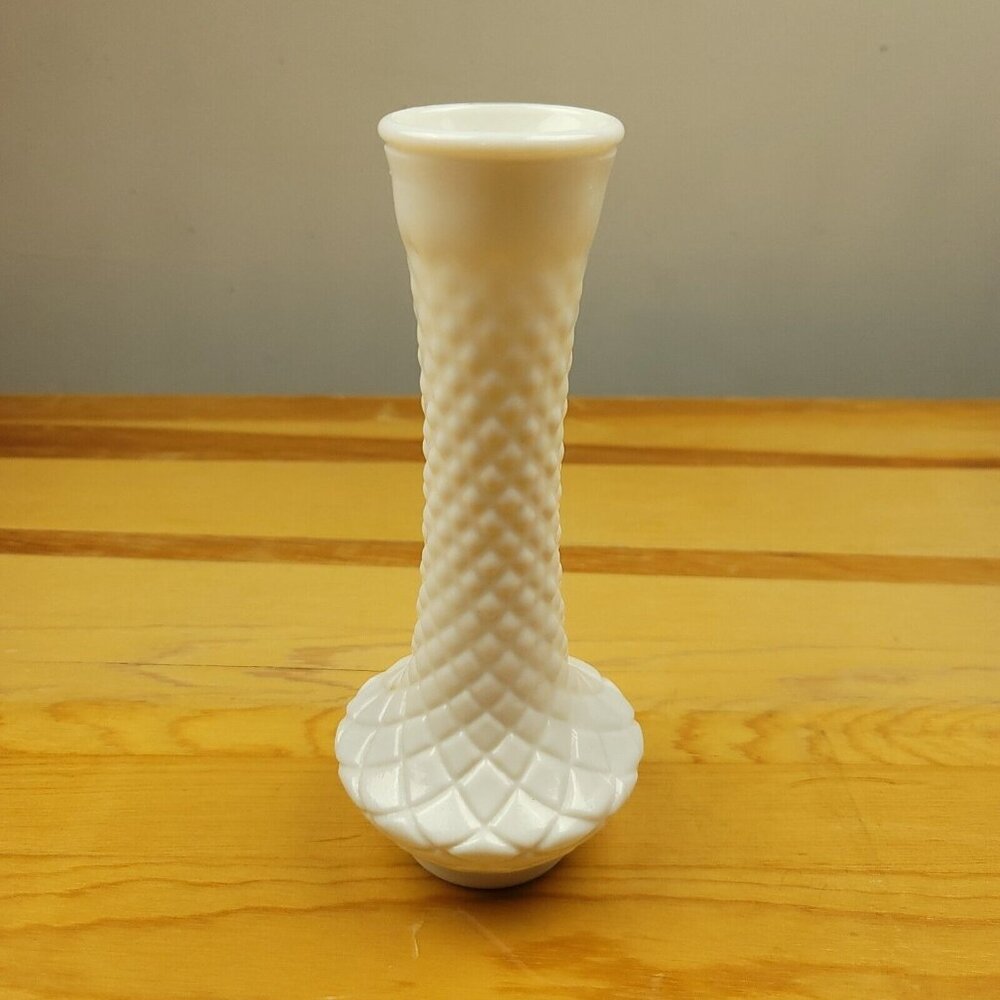 Vintage Loeffler Randall Cross Hatched Milk‎ Glass Bud Vase Mid-Century Hobnail
